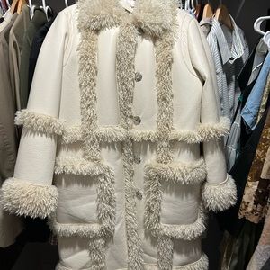 Joe Fresh vegan leather fur trimmed 3/4 length coat in white